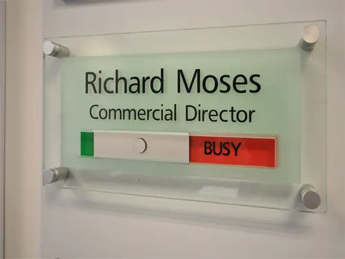 Glass look name plate with availability slider