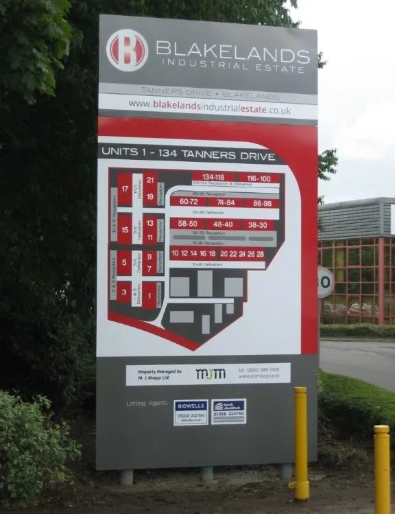 Business park commercial property sign with map